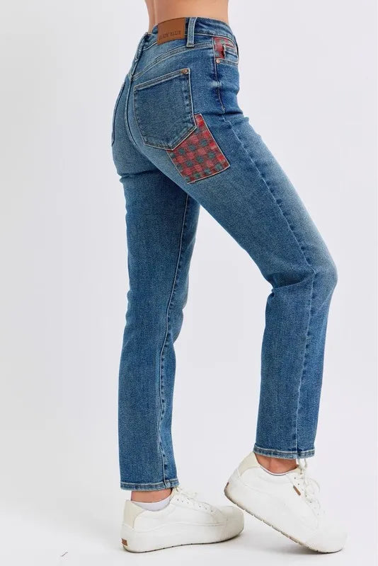 High Waist Plaid Patch Slim Fit Jeans Plus Size Judy Blue