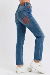 High Waist Plaid Patch Slim Fit Jeans Plus Size Judy Blue