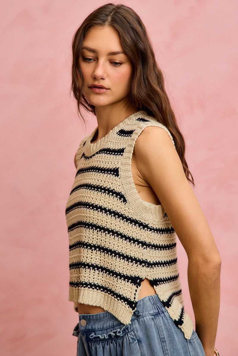 Low Gauge Textured Stripe Sleeveless Sweater Top So Me