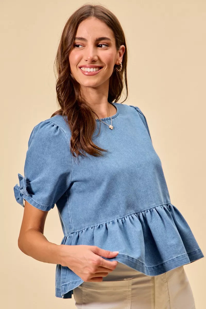 Denim Bow Detail Short Sleeves Peplum Top So Me