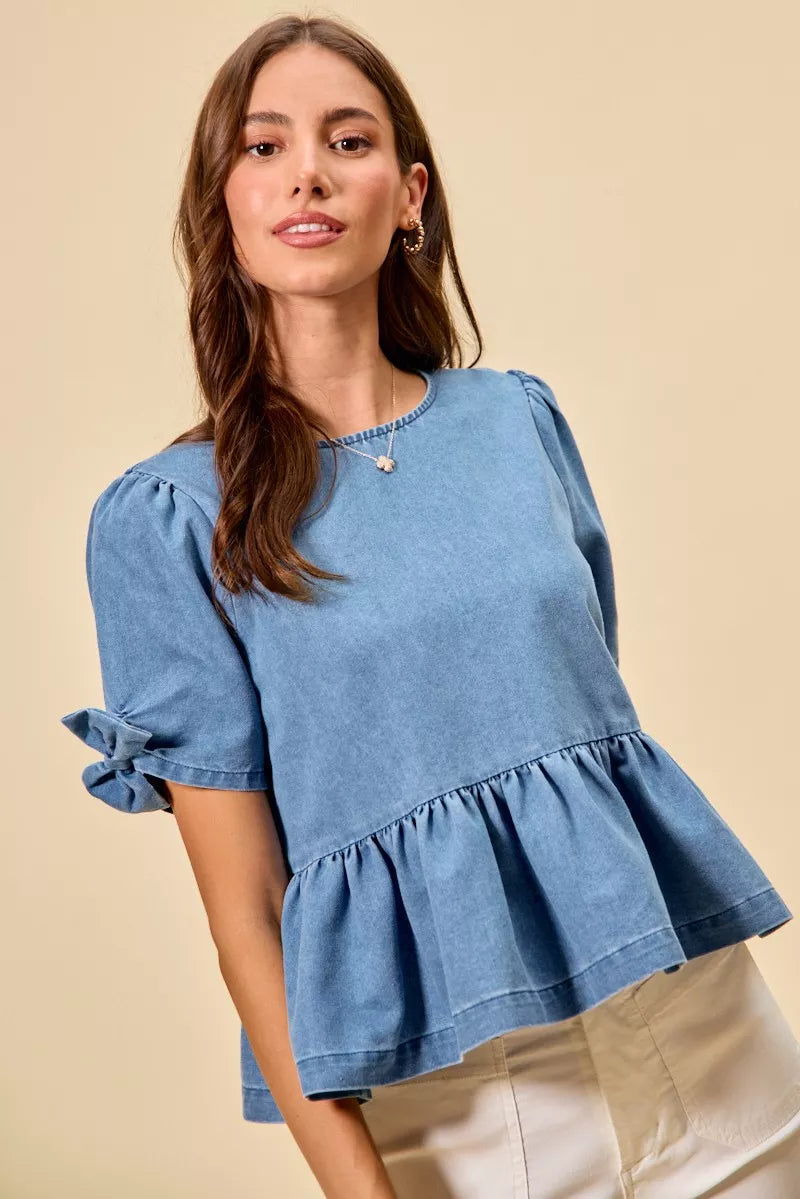 Denim Bow Detail Short Sleeves Peplum Top So Me