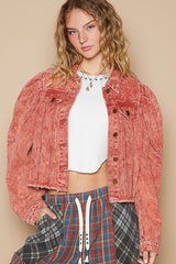 Raw Hem Button Up Cropped Denim Jacket POL   