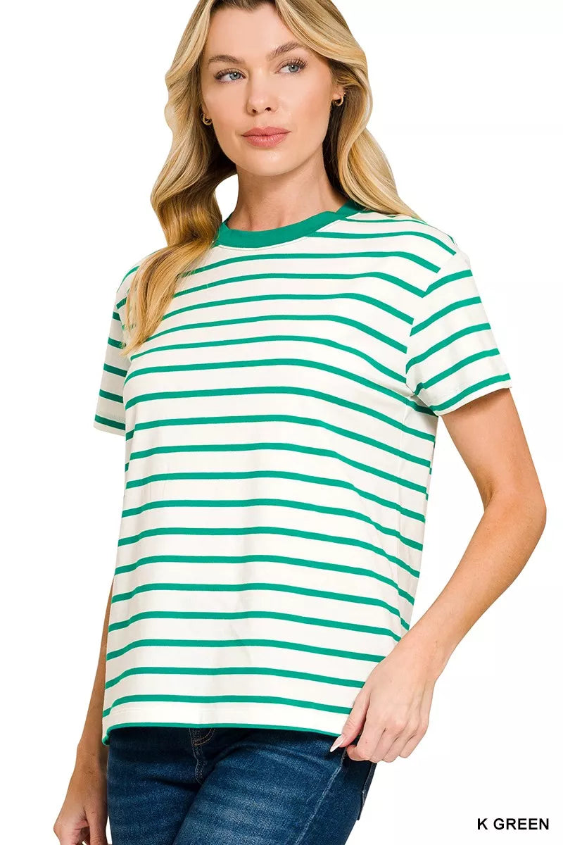 Striped Round Neck Short Sleeve T-Shirt ZENANA