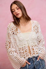 Floral Pattern Crochet Knit Tie Front Crop Cardigan So Me