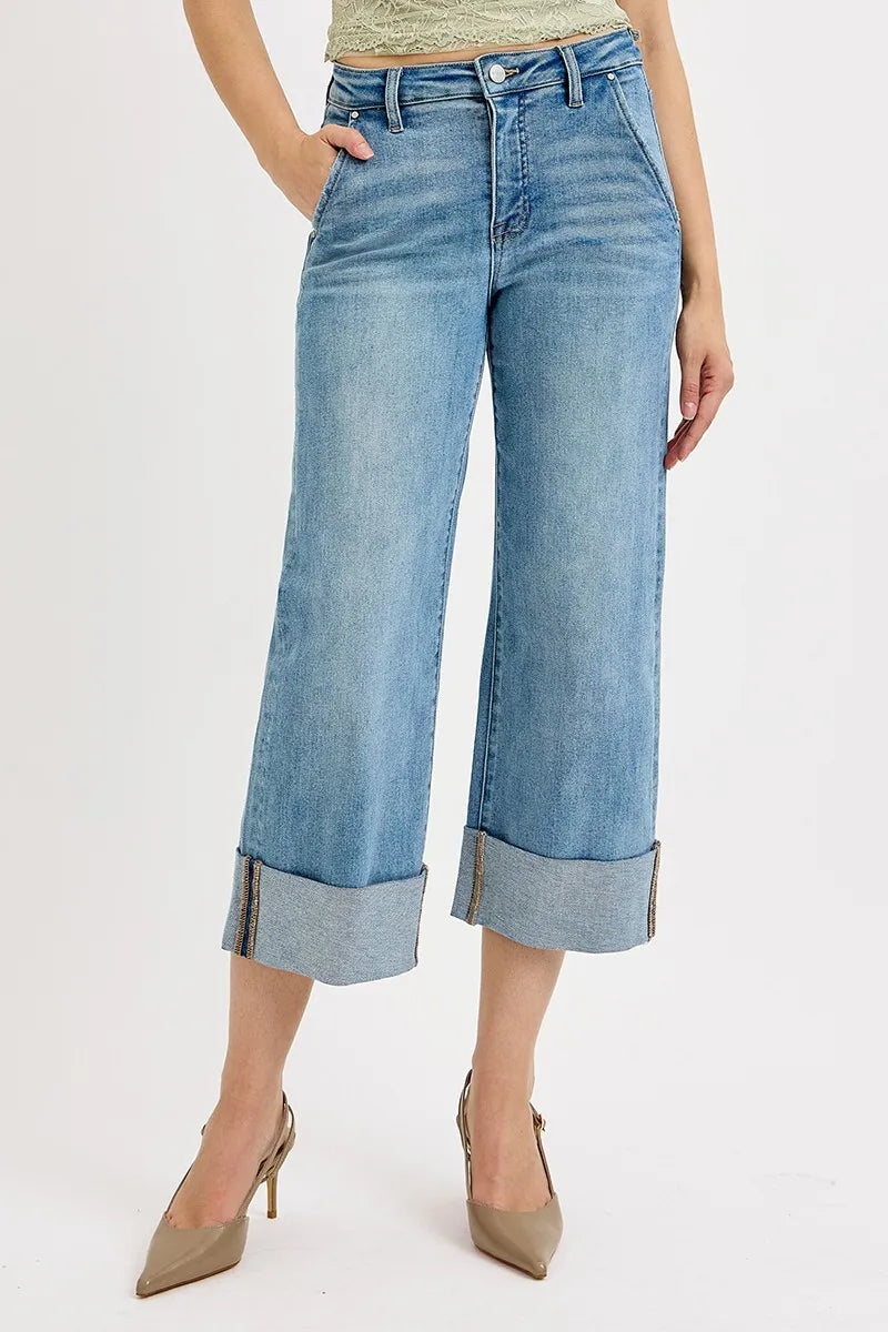 Tummy Control High Rise Ankle Wide Cuffed Jeans With Plus Size Risen