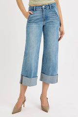 Tummy Control High Rise Ankle Wide Cuffed Jeans With Plus Size Risen