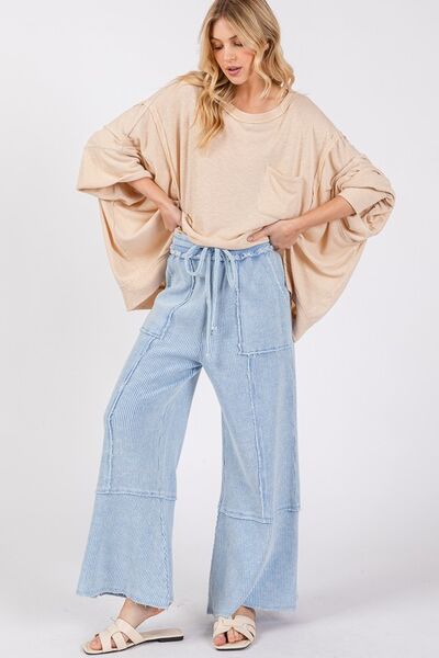 Waffle Textured Wide Leg Mineral Washed Pants Sage + Fig