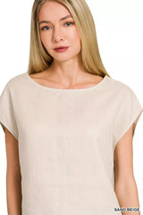 Linen Round Neck Cap Sleeve Top ZENANA