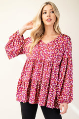 Floral V-Neck Balloon Sleeve Blouse Celeste Magenta S 