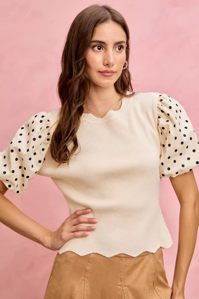 SO ME Polka Dot Contrast Woven Ballon Sleeve Blouse Trendsi