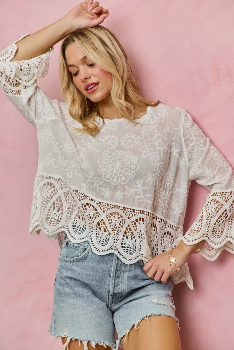 Floral Embroidered Crochet Lace Trimmed Top So Me