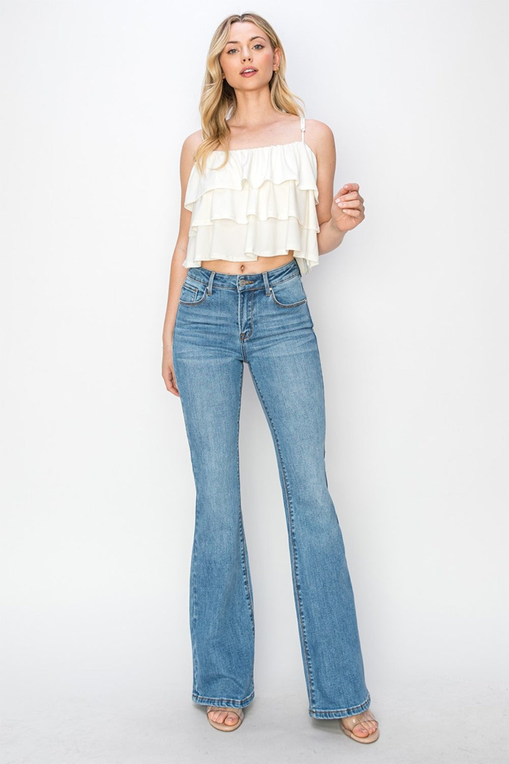 Mid Rise Flare Jeans with Pockets Risen   