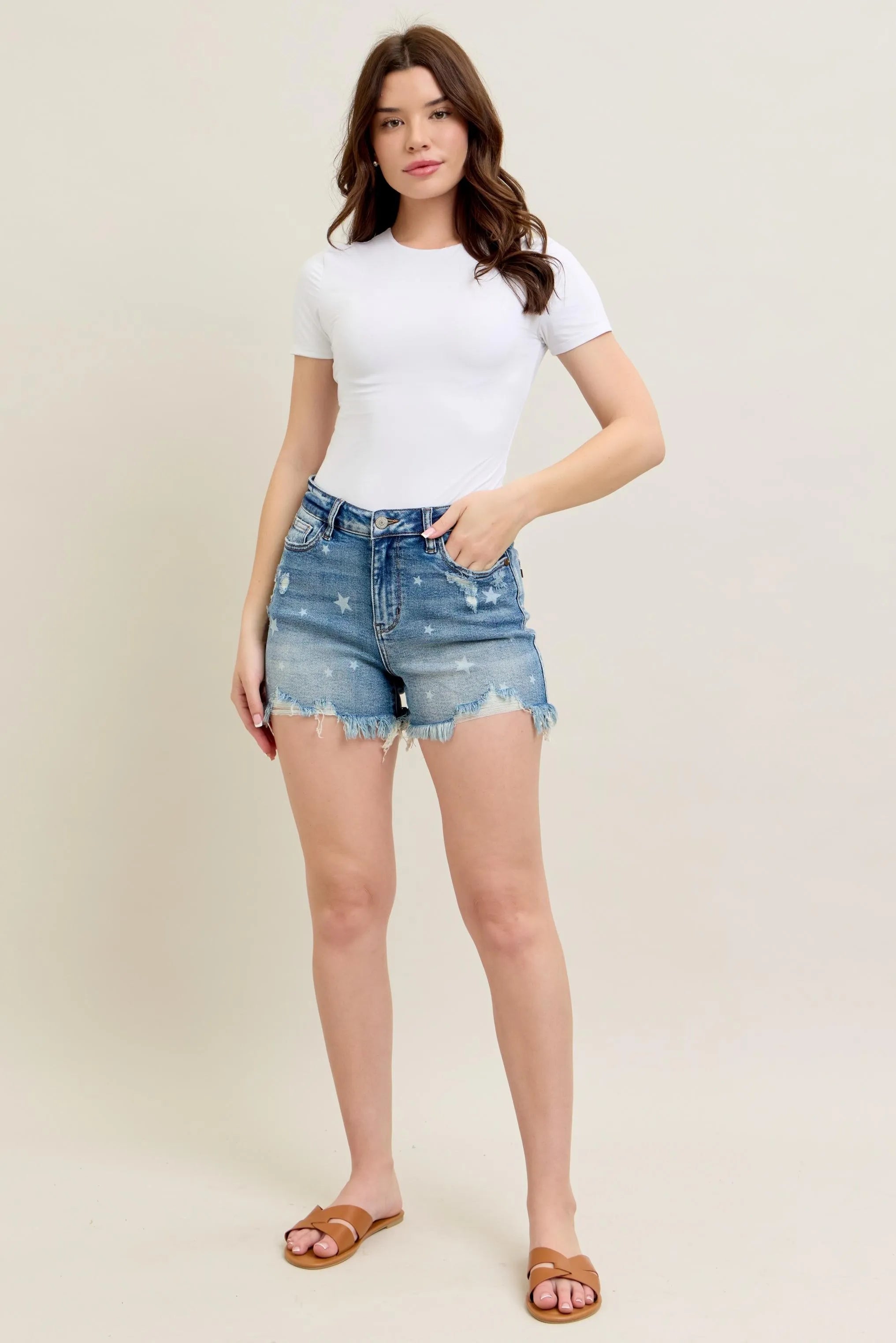 High Waist Star Print Cut Off Destroy Denim Shorts Judy Blue