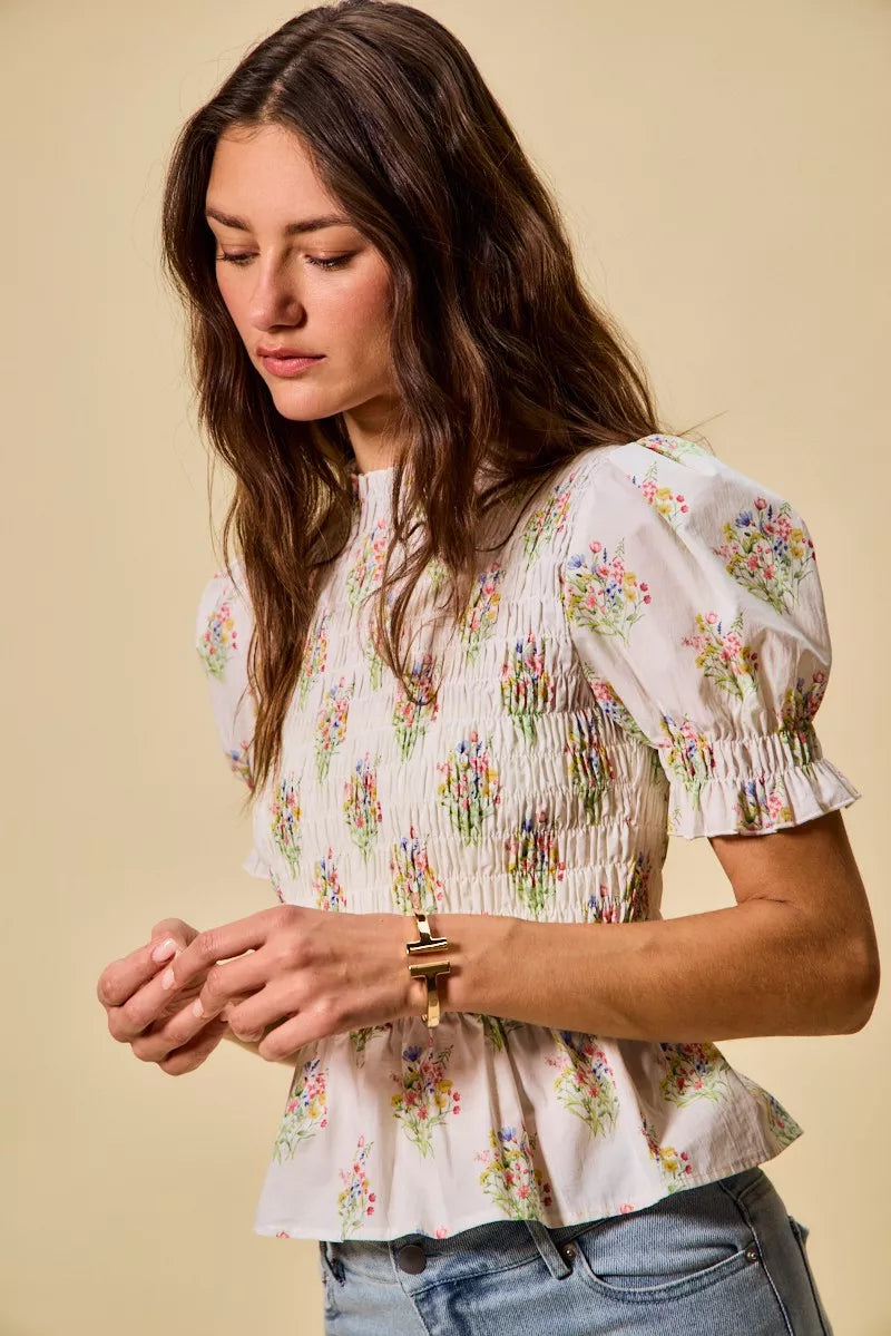 Floral Cotton Smocked Short Sleeves Blouse So Me