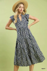 Leaf Print Tiered Midi Dress with Ruffle Detail Umgee NAVY S