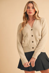 Ribbed Hem Button Down V-Neck Cardigan Aemi + Co Pearl S