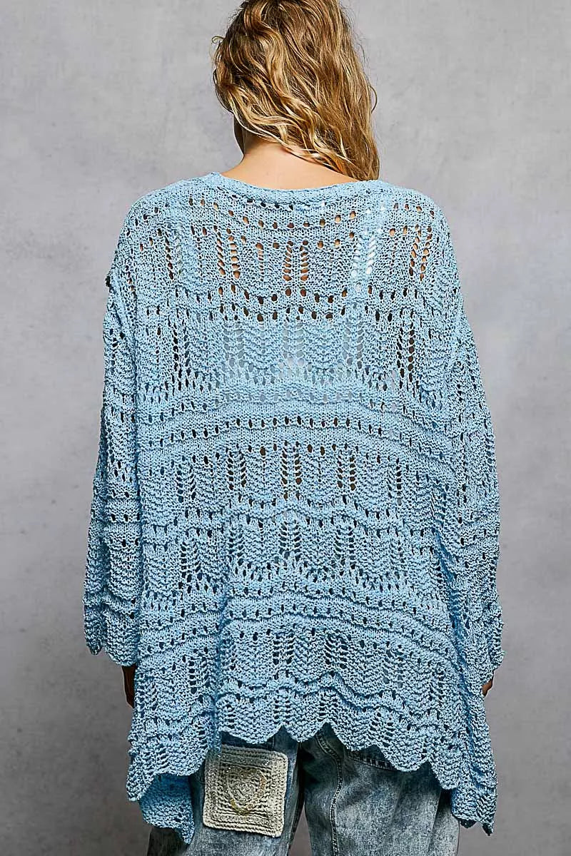 Openwork Lightweight Open Front Cardigan with Scalloped Edge POL