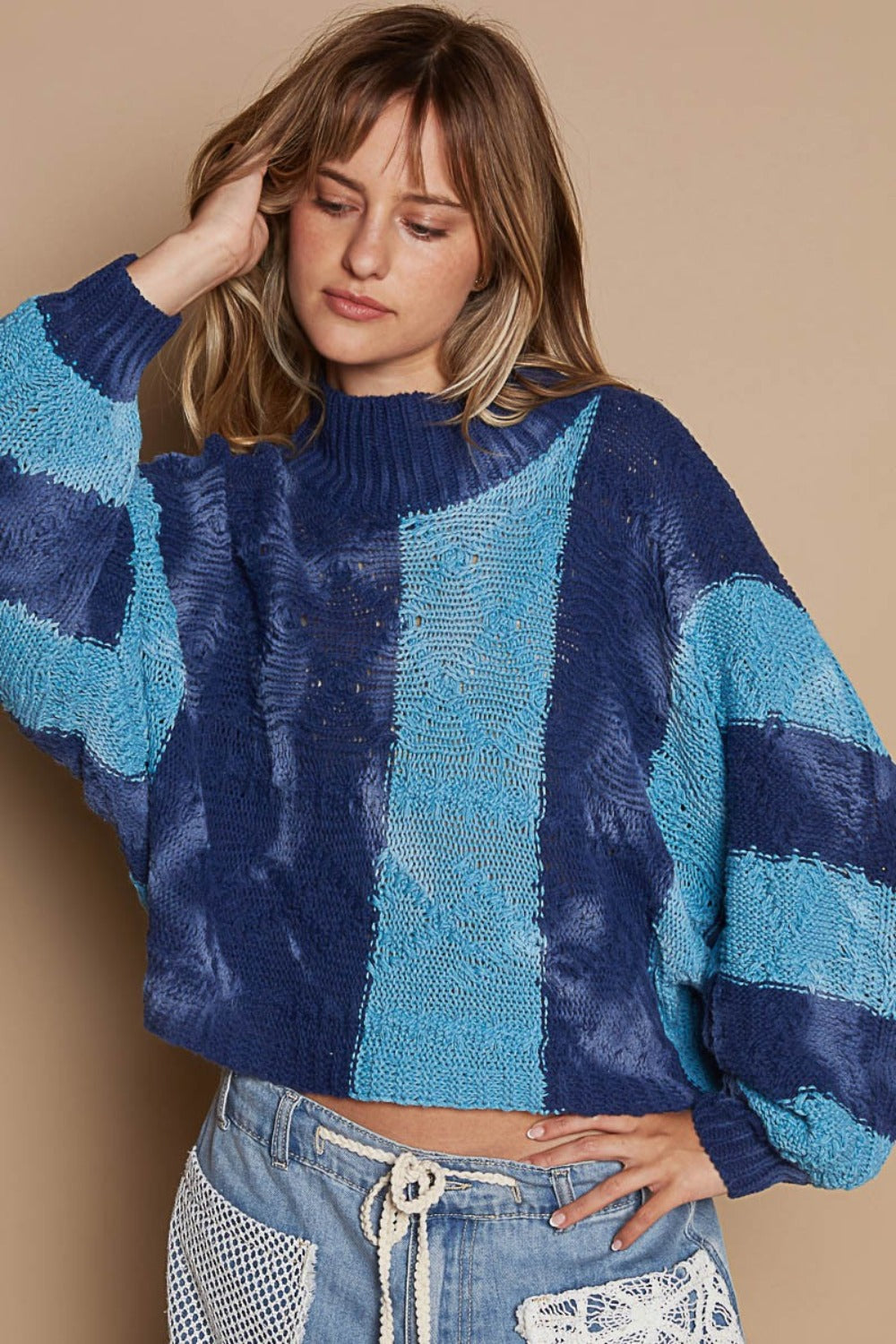 Mock Neck Color Block Sweater POL Blue Multi S 