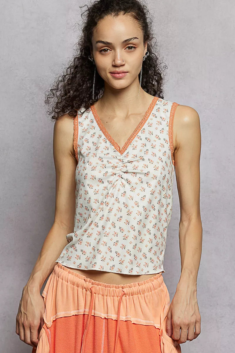 Ruched Floral V-Neck Tank with Lace Detail POL