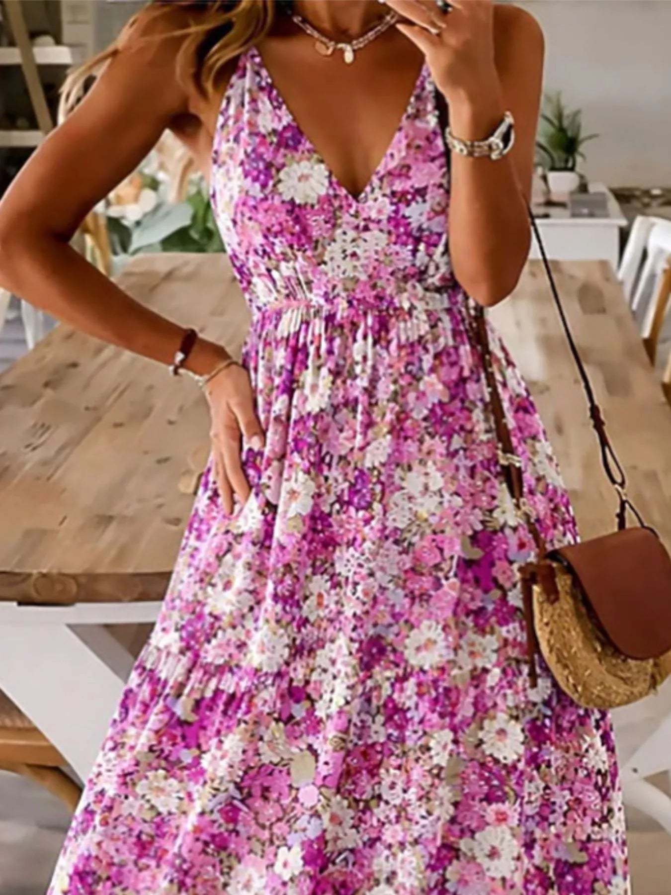 Floral Print Maxi Dress with Spaghetti Straps – Tiered Silhouette Simmer & Fay Cerise S