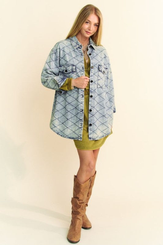 Curved Hem Diamond Quilted Button Up Denim Shacket Davi & Dani