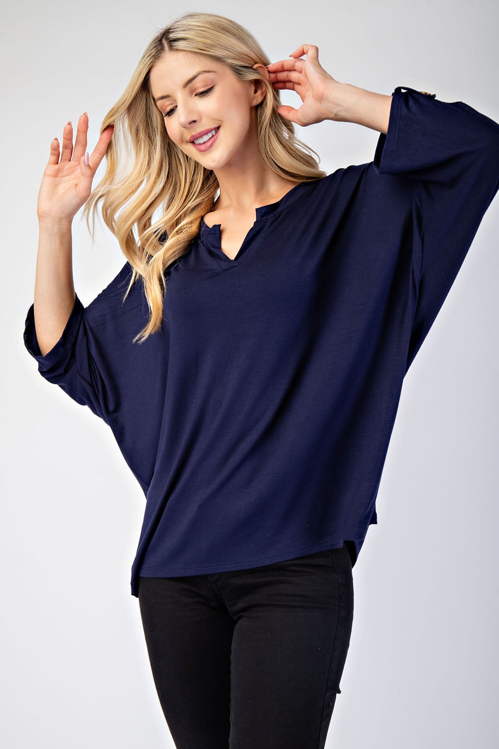 Notched Three-Quarter Sleeve Blouse Celeste   