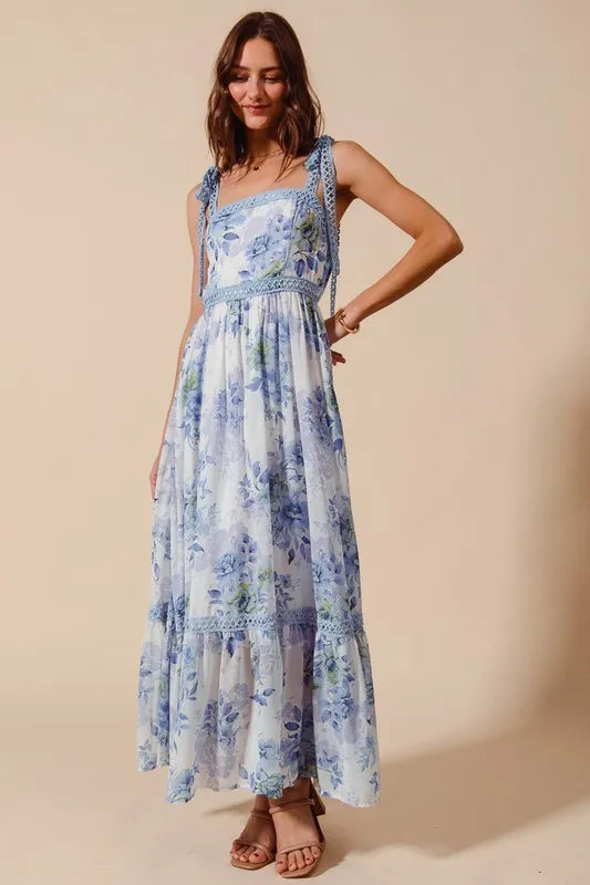 Floral Print Flowy Maxi Dress with Lace Ribbon Tie So Me