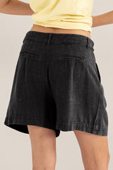 High Waist Pleated Mineral Washed Linen Shorts HYFVE   