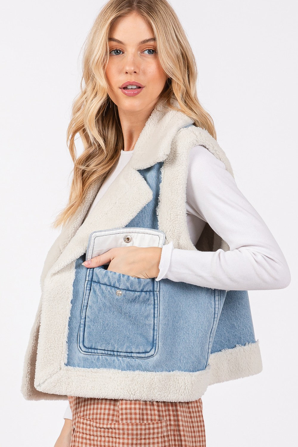 Pocketed Collared Neck Sherpa Vest Sage + Fig   