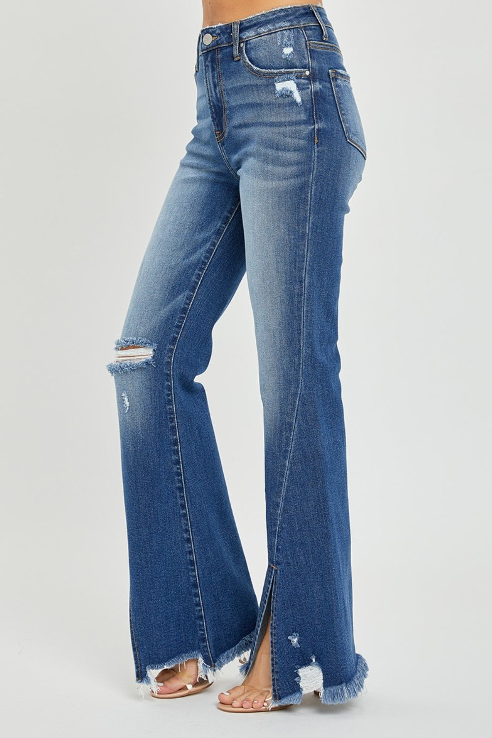 Full Size High Rise Front Slit Frayed Hem Flare Jeans Risen   