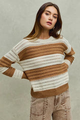 Openwork Round Neck Wide Stripe Textured Sweater So Me