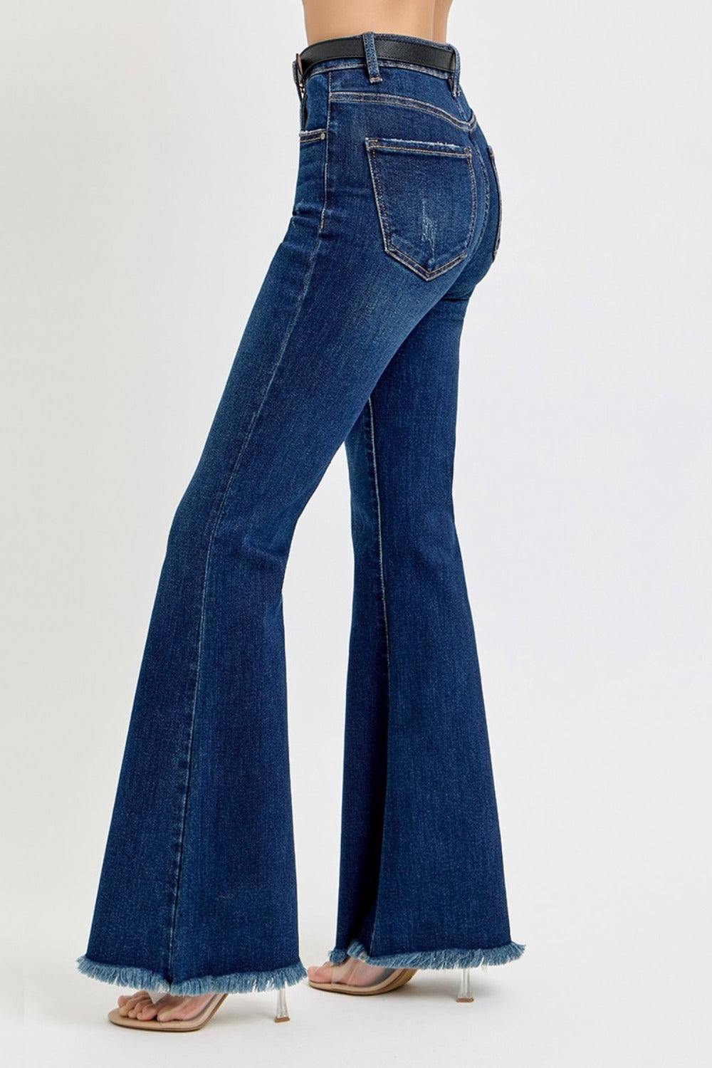 Tummy Control Frayed Hem Flare Jeans Risen   