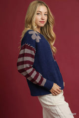 Flower Jacquard Striped Long Sleeve Sweater Umgee
