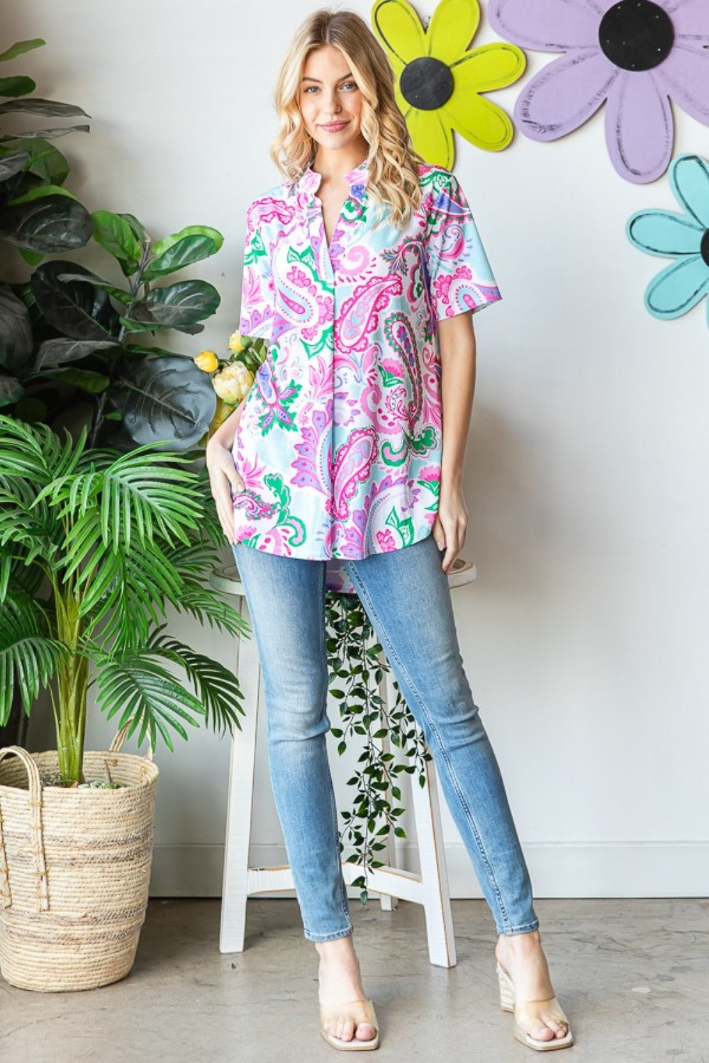 Flowy Paisley Print Short Sleeve Relaxed Top Heimish   