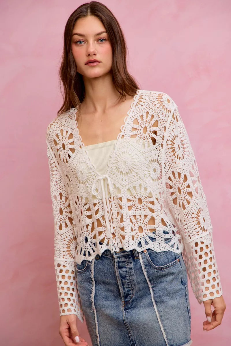 Floral Pattern Crochet Knit Tie Front Crop Cardigan So Me