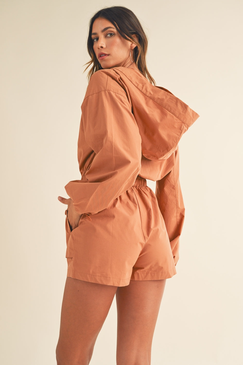 Snap Down Long Sleeve Hooded Romper Mable   