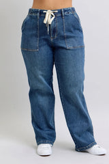 Plus Size High Waist Drawstring Wide Leg Jeans Judy Blue
