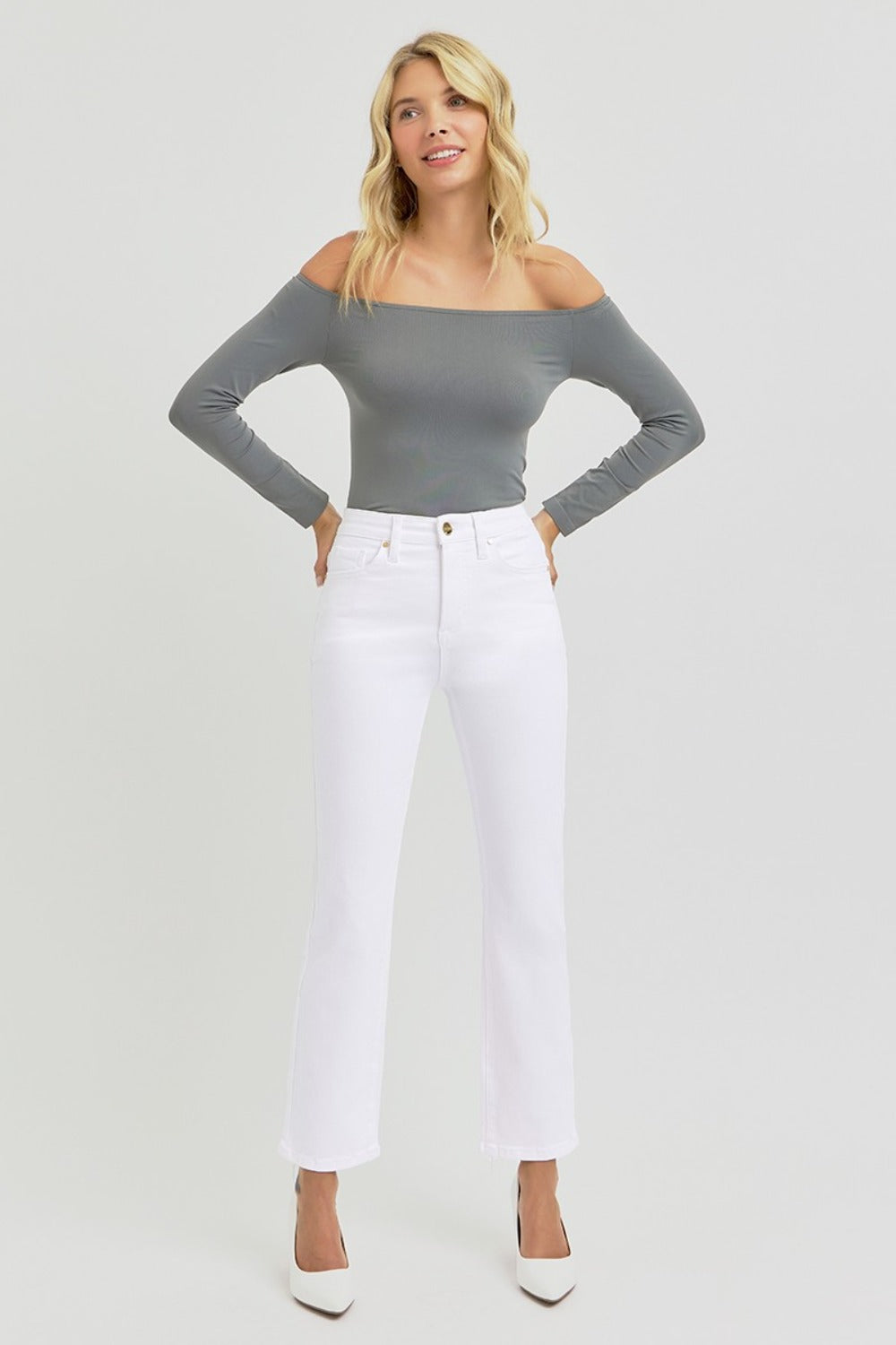 Tummy Control Elastic Band High Rise Crop Straight Jeans Risen   