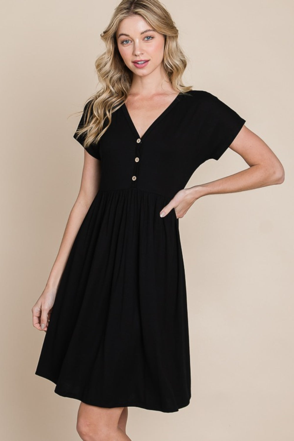 Button V-Neck Short Sleeve Dress BomBom Black S 