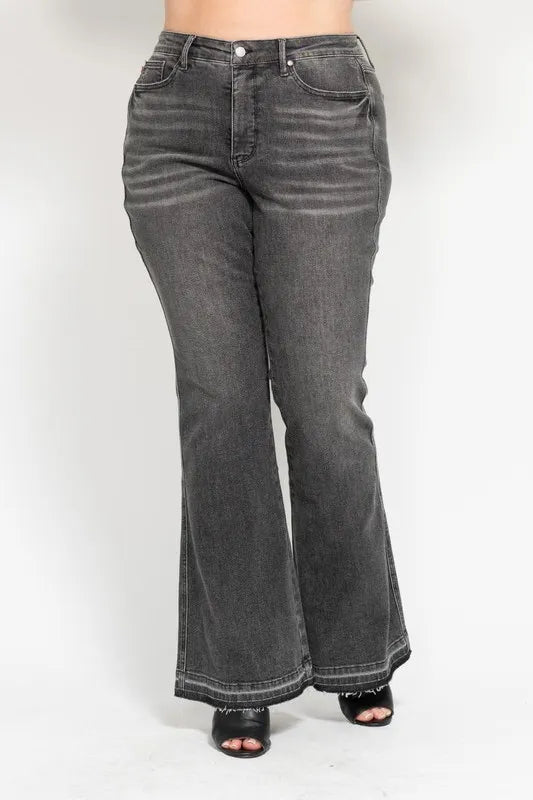 Mid Rise Tummy Control Washed Gray Release Hem Flare Jeans Judy Blue