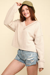 Exposed Seam V-Neck Ribbed Knit Top Very J Ecru S 