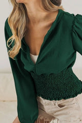 Smocking Waist Band and Puff Sleeves Deep V Neck Top BiBi