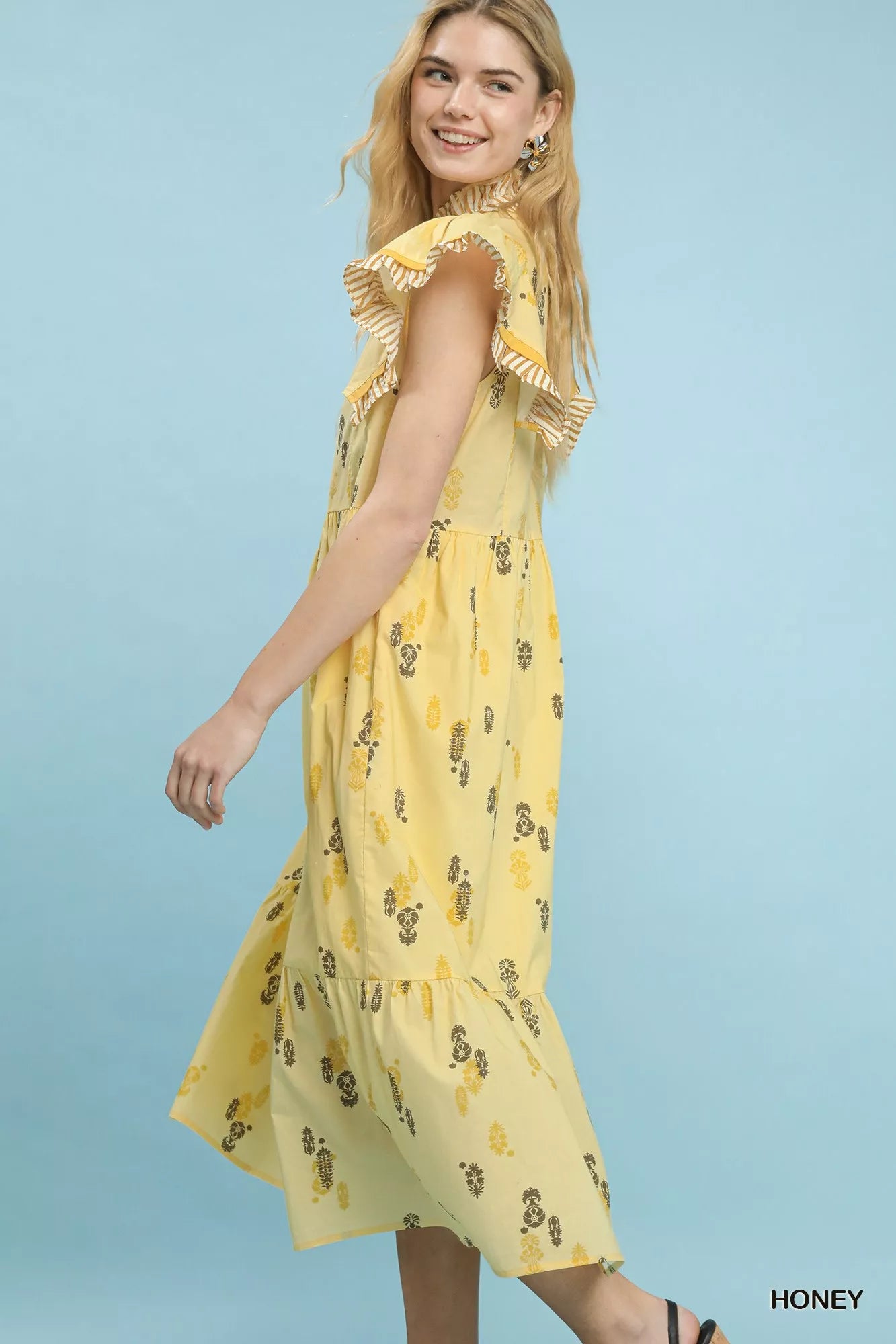 Floral Ruffle Sleeve Tiered Midi Dress Umgee