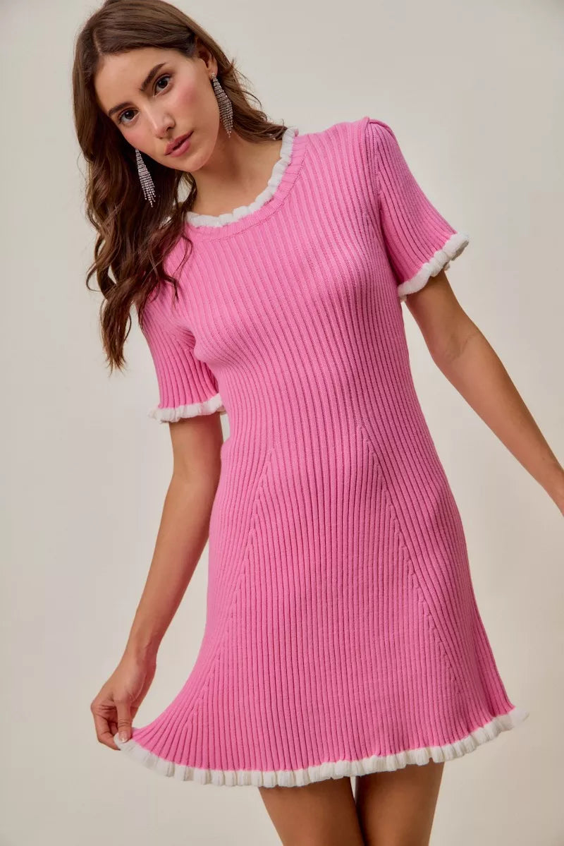 Contrast Ruffled Sweater Knit Mini Dress So Me
