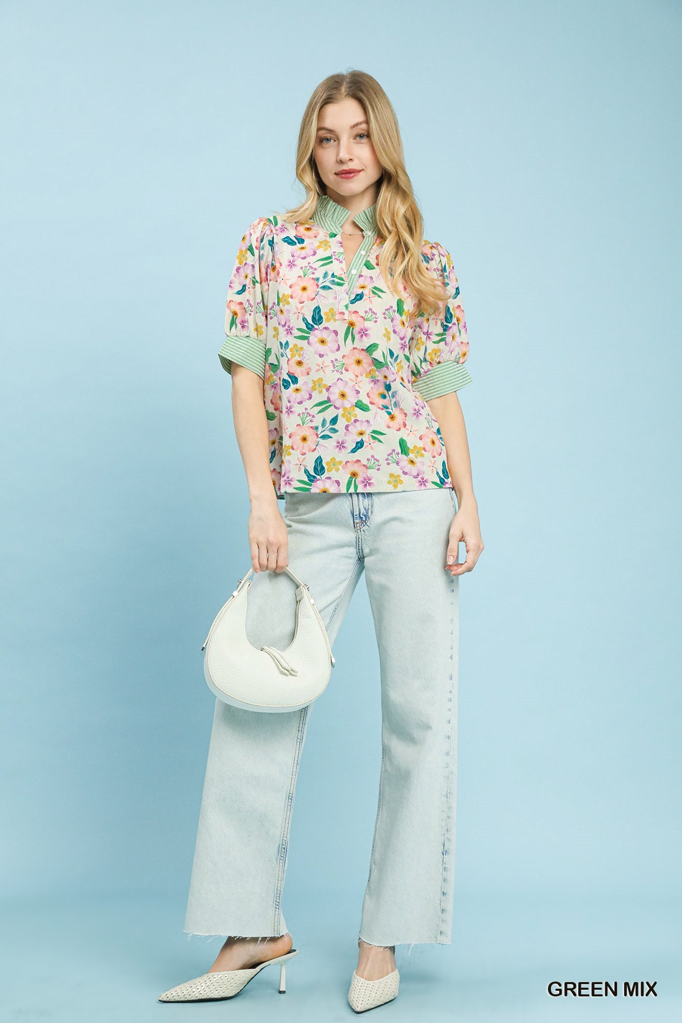 Floral Print Jacquard Ruffle Top Umgee