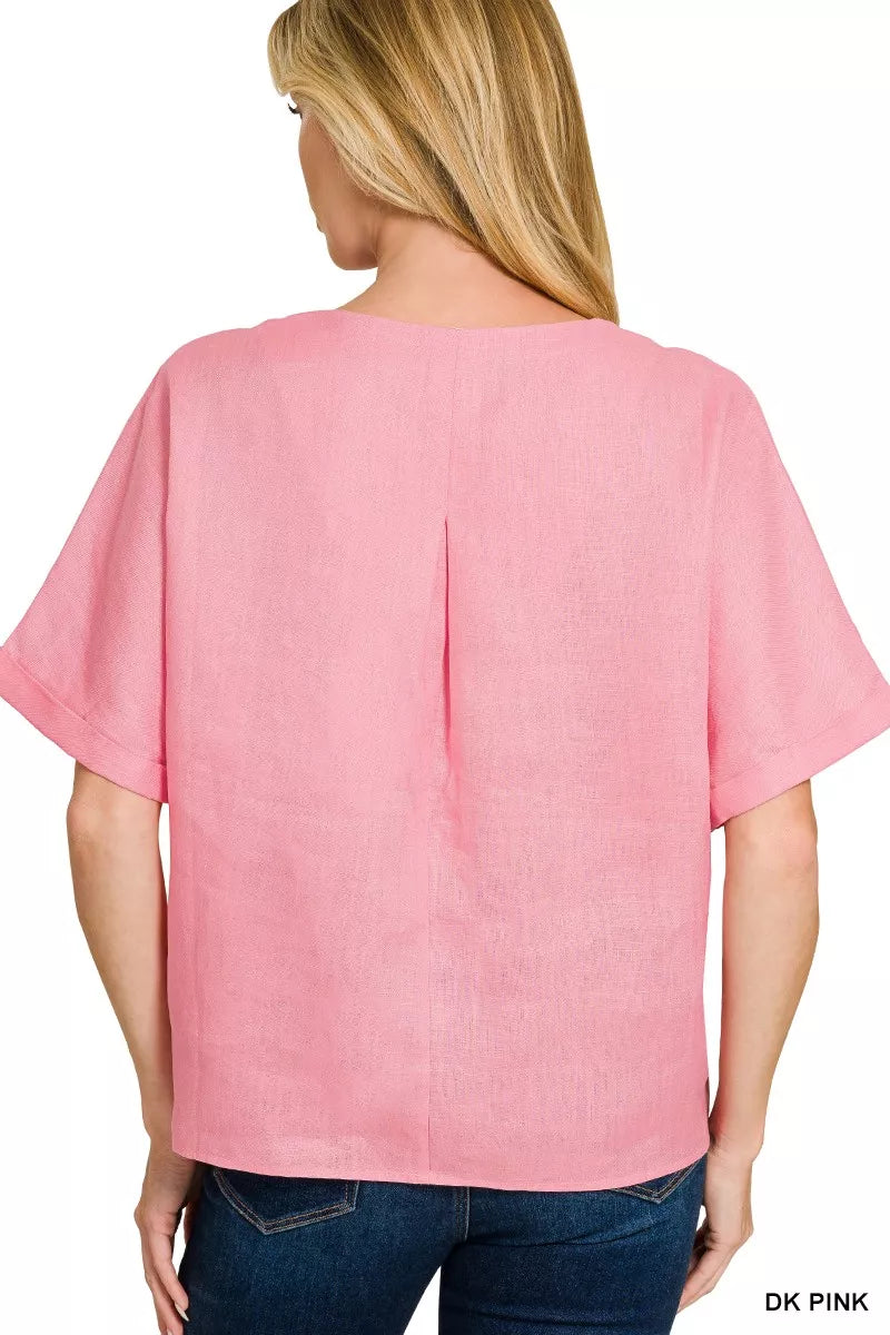 Linen V-Neck Cuffed Sleeve Top ZENANA