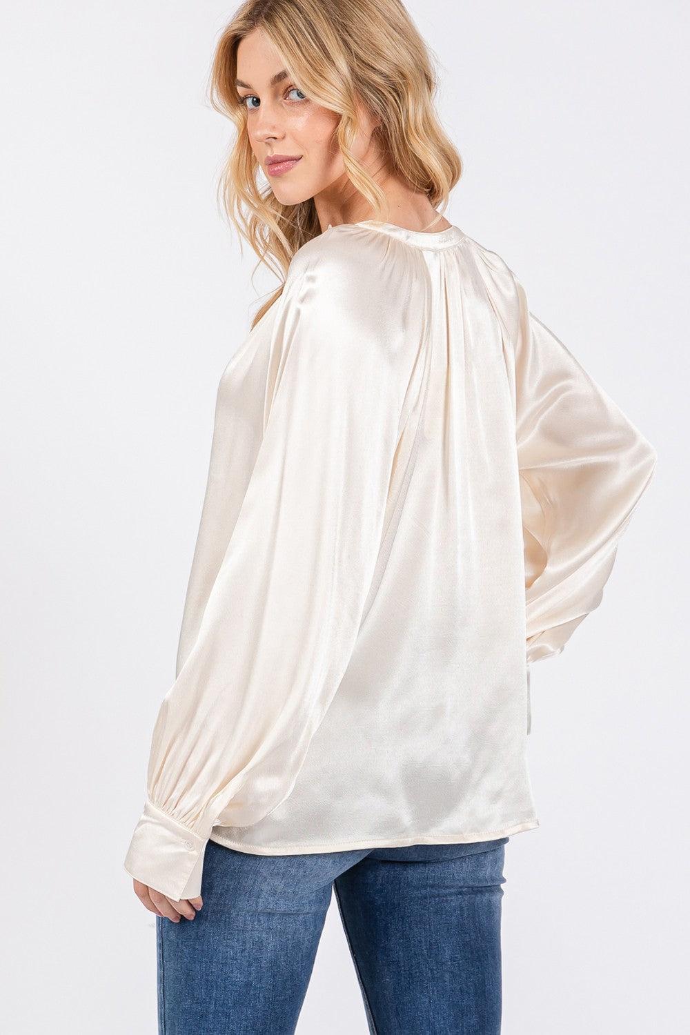 Notched Long Sleeve Raglan Blouse Sage + Fig   