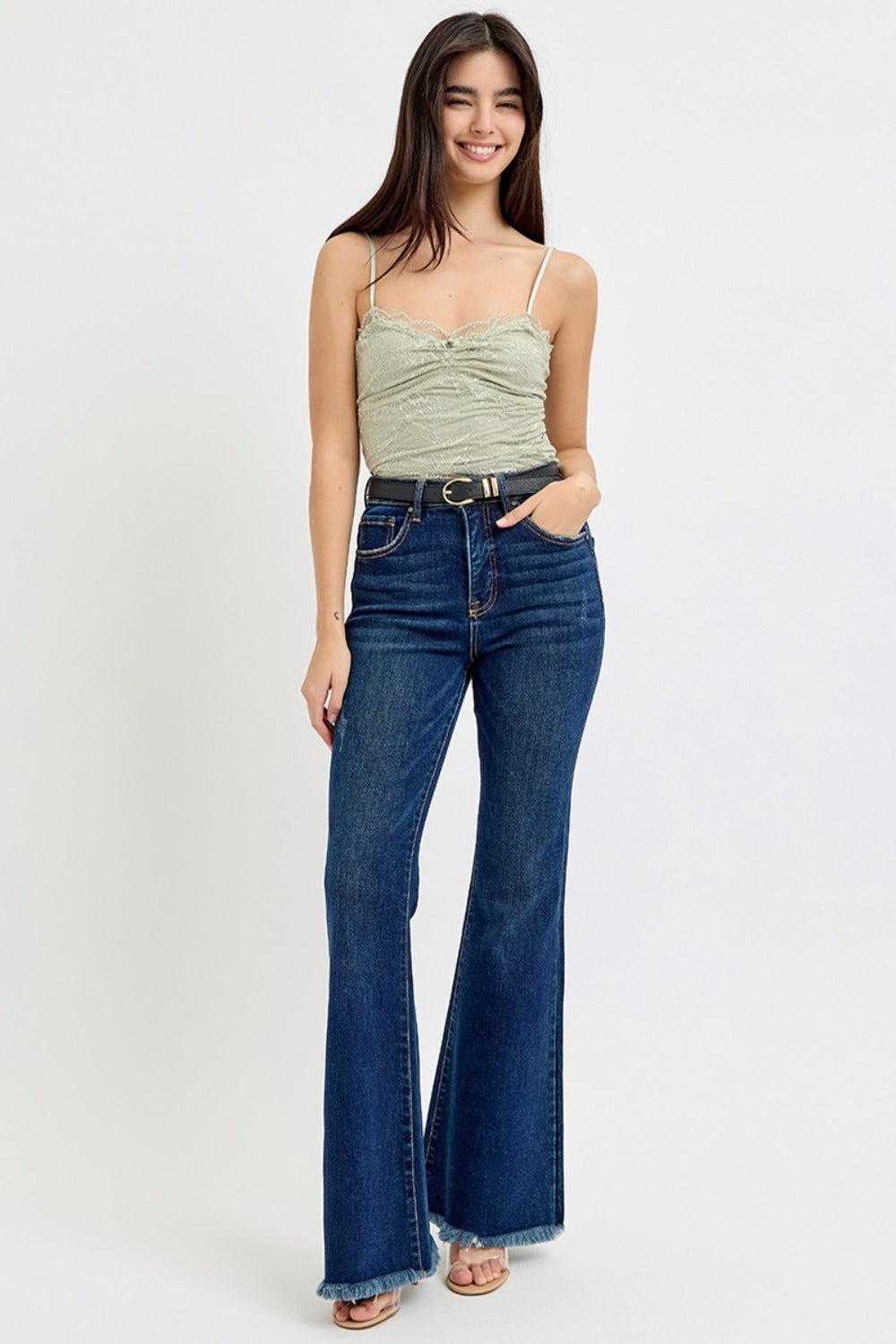 Tummy Control Frayed Hem Flare Jeans Risen   