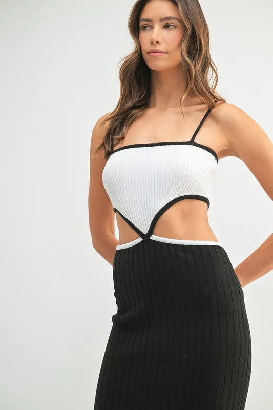 Ribbed Knit Color Block Cutout Midi Dress Mable