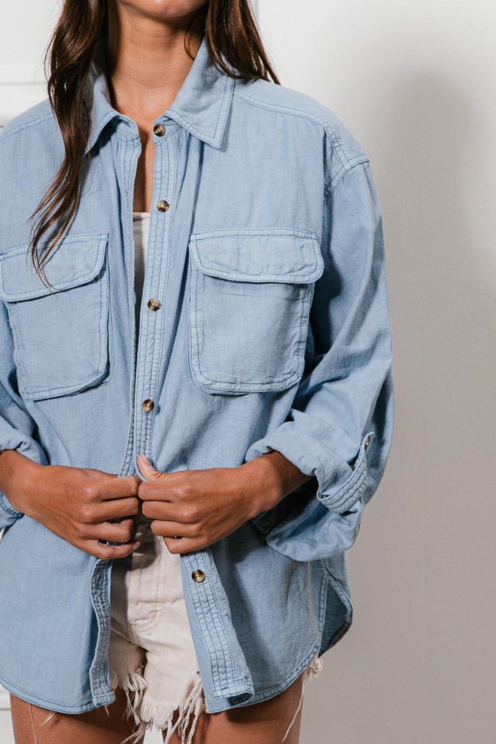 Button Down Stitch Detail Shirt with Chest Pockets BiBi   